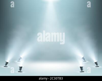 Palco illuminato da faretti con effetto fumo, podio vuoto o palco per premiazione, presentazione di prodotti o sfilata di moda, studio Illustrazione Vettoriale