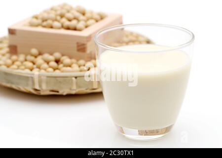 Bicchiere di latte di soia con fagiolo di soia su sfondo bianco Foto Stock