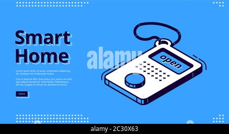 Banner Smart Home. Concetto di tecnologia dell'Internet delle cose. Pagina di destinazione vettoriale del sistema di controllo della casa con icona isometrica del telecomando su blu Illustrazione Vettoriale