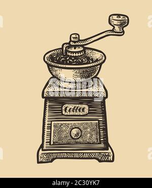 Disegno del macinacaffè. Illustrazione vettoriale vintage. Design del menu per caffè e ristorante Illustrazione Vettoriale
