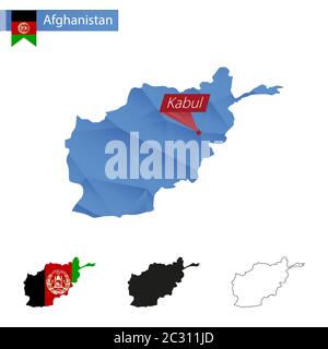 Afghanistan blu basso Poly mappa con capitale Kabul, versioni con bandiera, nero e profilo. Illustrazione vettoriale. Illustrazione Vettoriale