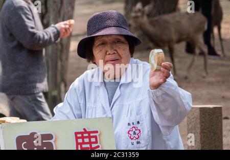 Vecchia signora giapponese che vende biscotti di cervo ai turisti a Nara Park, Giappone Foto Stock