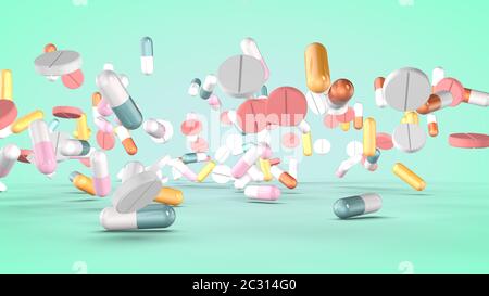 Set di varie pillole e capsule. Rendering 3D. Foto Stock