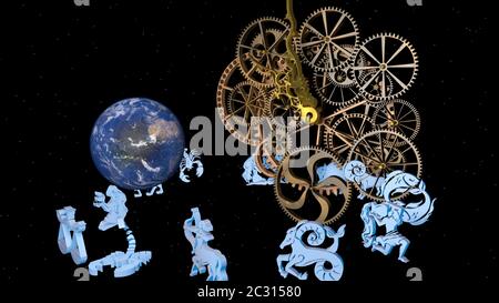 Oroscopo zodiacale, 12 segni zodiacali e un orologio. Rendering 3D. Foto Stock