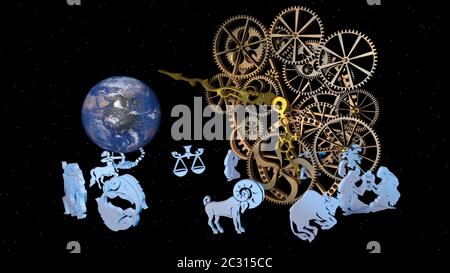 Oroscopo zodiacale, 12 segni zodiacali e un orologio. Rendering 3D. Foto Stock