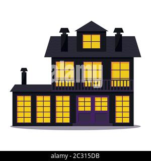 Happy Halloween accogliente casa piatta in stile infestato tetro isolato su uno sfondo bianco. Illustrazione Vettoriale