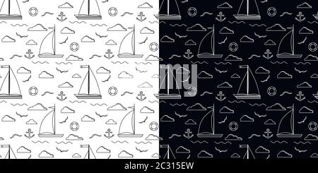Set di linee d'arte vettoriali in bianco e nero senza cuciture con una barca a vela a due vele. Illustrazione Vettoriale