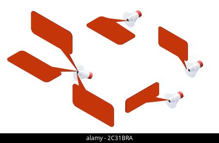 Set di icone isometriche di megafono con copyspace isolato su sfondo bianco. Illustrazione vettoriale di altoparlanti rossi e bianchi Illustrazione Vettoriale