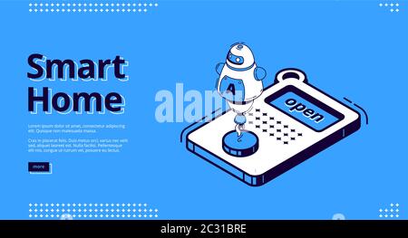 Banner Smart Home. Concetto di tecnologia dell'Internet delle cose. Pagina di destinazione vettoriale del sistema di controllo della casa con icona isometrica del telecomando e ai Illustrazione Vettoriale