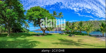 Vista panoramica della spiaggia, Napoopoo, Kona meridionale, Isole Hawaii Foto Stock