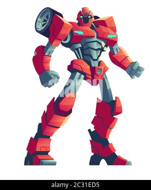 Trasformatore robot rosso, illustrazione vettoriale cartoon. Robot potente trasformato da auto, alieno di spazio di fantasia, super eroe giocattolo isolato su sfondo bianco Illustrazione Vettoriale