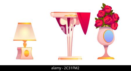 Set di articoli per interni, tavolino con panno rosso, lampada con paralume e vaso con fiori di rosa, mobili in stile classico e accessori isolati Illustrazione Vettoriale