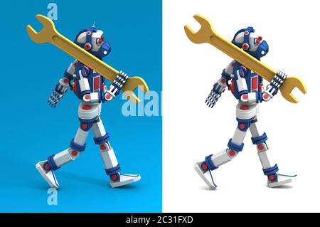 Robot Android come un giocattolo viene fornito con una chiave sulla spalla. Foto Stock