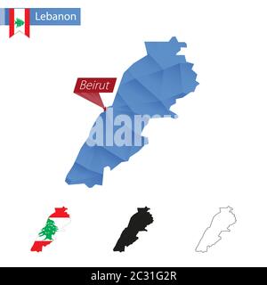 Mappa del Libano blu basso Poly con la capitale Beirut, versioni con bandiera, nero e contorno. Illustrazione vettoriale. Illustrazione Vettoriale