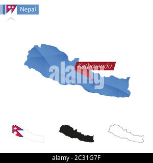 Mappa blu Nepal basso Poly con capitale Kathmandu, versioni con bandiera, nero e contorno. Illustrazione vettoriale. Illustrazione Vettoriale