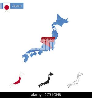 Mappa blu Giappone basso Poly con la capitale Tokyo, quattro versioni di mappa. Illustrazione vettoriale. Illustrazione Vettoriale