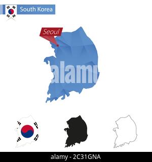 Mappa blu della Corea del Sud con la capitale Seoul, quattro versioni di mappa. Illustrazione vettoriale. Illustrazione Vettoriale