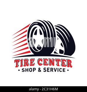 Modello di design centrale pneumatico. Vettore e illustrazione per officina e manutenzione pneumatici. Illustrazione Vettoriale