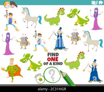 Illustrazione di Cartoon di trova uno di un genere gioco educativo di immagine con i personaggi di Fantasia comica Illustrazione Vettoriale