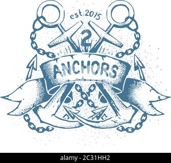 Tatuaggio senza cura con emblema shabby con due ancoraggi incrociati Illustrazione Vettoriale
