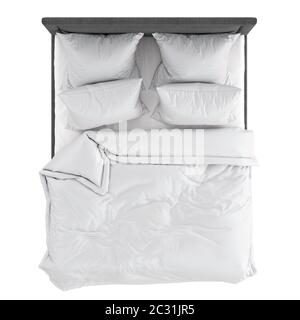 Letto matrimoniale grigio con tappezzeria in tessuto e biancheria da letto bianca su sfondo bianco. Vista dall'alto. rendering 3d. Foto Stock