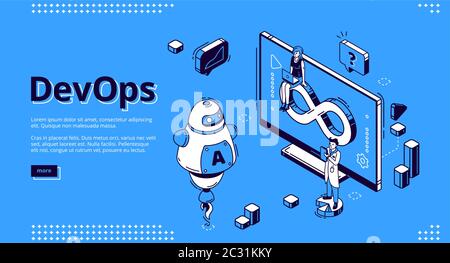 Banner DevOps. Concetto di operazioni di sviluppo, comunicazione di programmatori e ingegneri. Pagina di destinazione vettoriale dell'integrazione del progetto con isometri Illustrazione Vettoriale