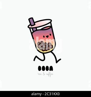 Personaggio illustrazione del tè bolla con delizioso tapioca e consegna di gelatina. Illustrazione del personaggio di Boba Tea Running. Illustrazione Vettoriale