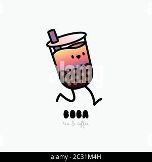 Personaggio illustrazione del tè bolla con delizioso tapioca e consegna di gelatina. Illustrazione del personaggio di Boba Tea Running. Illustrazione Vettoriale
