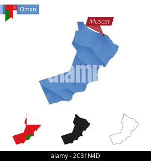 Mappa blu Oman basso Poly con Mascate capitale, versioni con bandiera, nero e contorno. Illustrazione vettoriale. Illustrazione Vettoriale