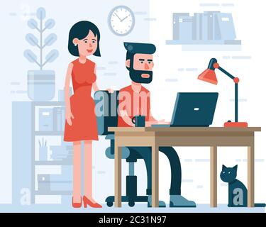 L'uomo sta lavorando su una donna notebook è in piedi accanto Illustrazione Vettoriale