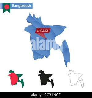 Mappa blu Bangladesh Low Poly con Dhaka capitale, versioni con bandiera, nero e contorno. Illustrazione vettoriale. Illustrazione Vettoriale