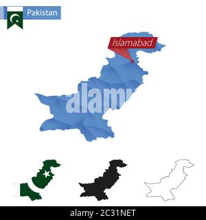 Pakistan Blue Low Poly mappa con capitale Islamabad, quattro versioni di mappa. Illustrazione vettoriale. Illustrazione Vettoriale