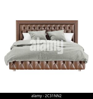 Letto in stile classico con tappezzeria in pelle trapuntata marrone e biancheria da letto grigio-bianca su sfondo bianco. rendering 3d Foto Stock