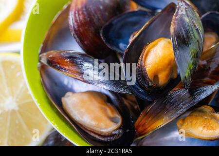 Cozze cotte servite su un piatto Foto Stock