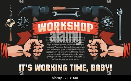 Poster retrò fai da te dell'officina - mani con martelli Illustrazione Vettoriale