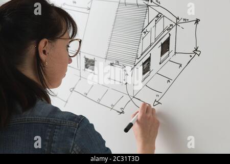 Primo piano di una giovane architetto femminile disegnando un disegno per un nuovo progetto famaly home. Concetto di lavoro su disegni tecnici Foto Stock