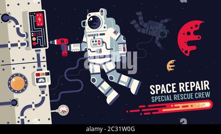 Astronauta in astronauta riparare una navicella spaziale nello spazio esterno Illustrazione Vettoriale