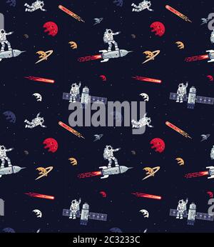 Schema spaziale senza interruzioni con astronauti, razzi, satelliti e pianeti Illustrazione Vettoriale