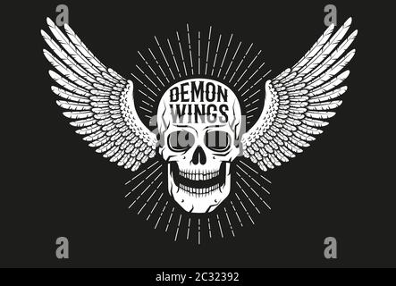 Vintage emblema biker con cranio alato Illustrazione Vettoriale