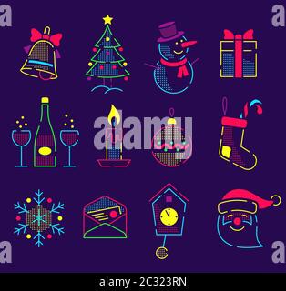 Set di icone luminose al neon per il nuovo anno e. natale Illustrazione Vettoriale