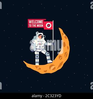 L'astronauta nello spacesuit sta in piedi sulla luna crescente con il volo allarme Illustrazione Vettoriale