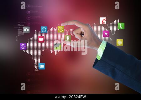 Uomo di toccare il social media, icona Foto Stock