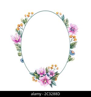 Illustrazione ad acquerello con cornice ovale di fiori selvatici per un matrimonio. Scheda floreale con fiori di colore rosa, foglie e germogli di malva. Autunno, estate e spr Foto Stock