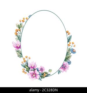 Illustrazione ad acquerello con cornice ovale di fiori selvatici per un matrimonio. Scheda floreale con fiori di colore rosa, foglie e germogli di malva. Autunno, estate e spr Foto Stock