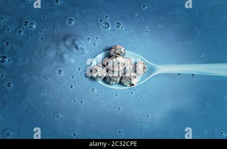 Bluebrries freschi e biologici su un cucchiaio in un kefir di mirtillo Foto Stock