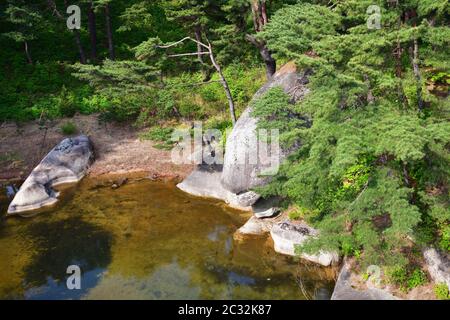 Incredibile scenario del lago Samilpo. È uno dei monumenti naturali designati della Corea del Nord Foto Stock