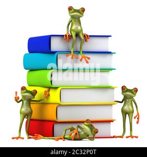 Illustrazione 3D delle rane verdi accanto ai libri Foto Stock