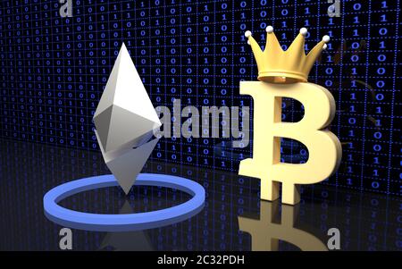 Bitcoin e moneta Ethereum segni. Il rendering 3D. Foto Stock