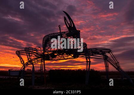 Faro, PORTOGALLO: 8th DICEMBRE 2019 - statua del granchio nelle paludi naturali al tramonto situato a Ria Formosa, Algarve, Portogallo. Foto Stock