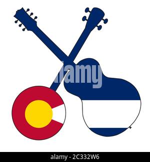 Un tipico quattro banjo stringa in silhouette con una chitarra acustica su Colorado State flag su sfondo bianco Foto Stock